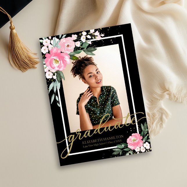 Faire-part Annonce de remise de diplôme florale rose vif (Créateur téléchargé)