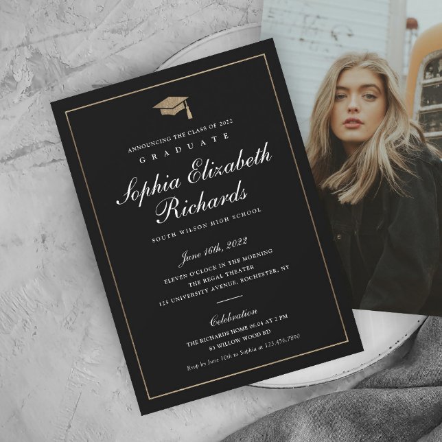 Faire-part Annonce de remise de diplôme photo or script class (Elegant calligraphy black and gold photo graduation announcement.)