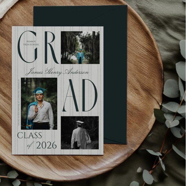 Faire-part Annonce de remise de diplôme Refined Stripes 3 Pho (Old money 5x7 classic 3 photo graduation announcement with a dark envelope on a wood and greenery)