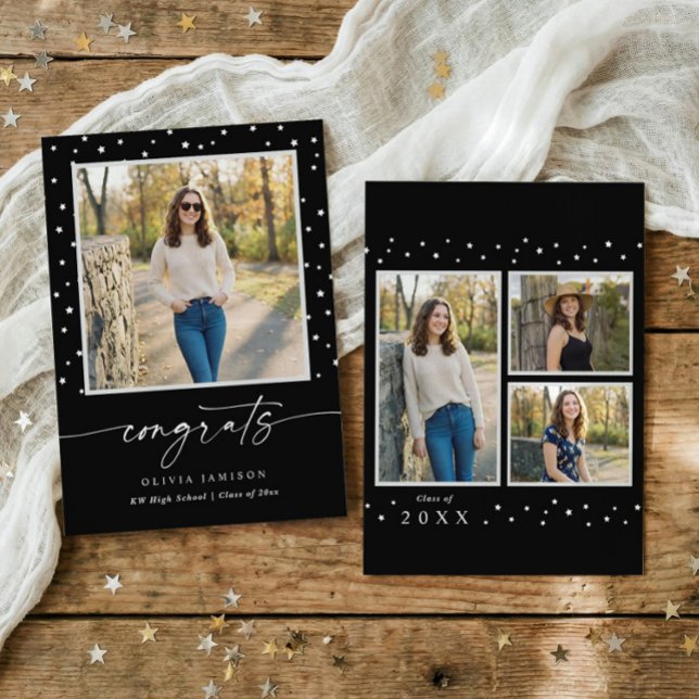 Faire-part Annonce de remise de diplômes moderne en noir et b (Modern graduation announcement with photos, handwriting script and minimalist stars)
