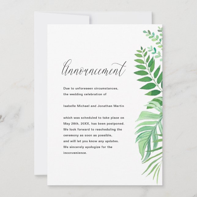 Faire-part Annonce de report de mariage aux feuilles simples (Devant)