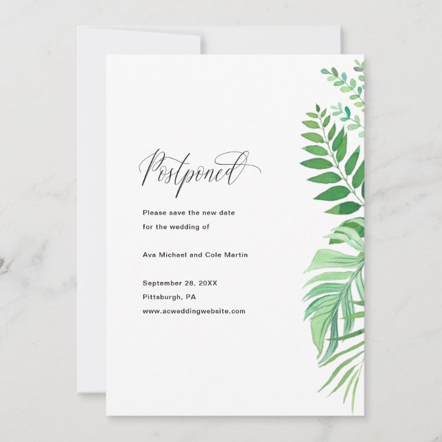 Faire-part Annonce de report de mariage avec verdure simple (Devant)