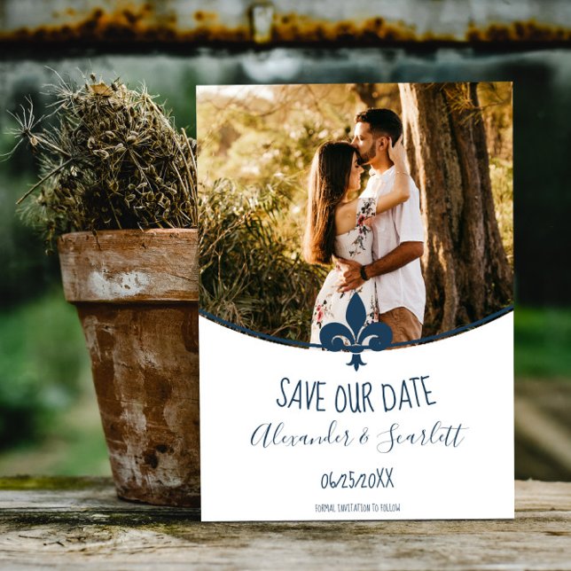 Faire-part Annonce de sauvegarde de photo de Fleur de Lis ble (Blue Fleur de Lis Photo Save the Date)