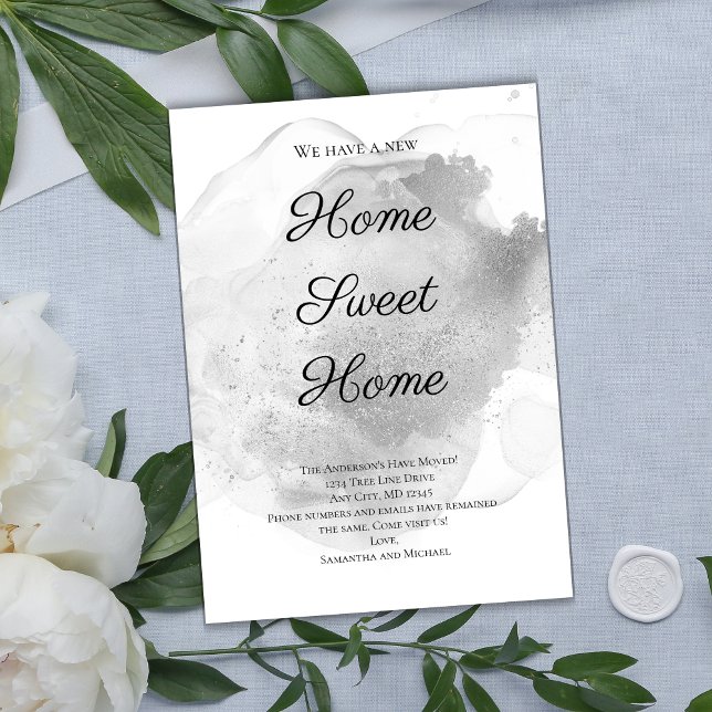 Faire-part Annonce mobile en lavis d'aquarelle argentée (Silver Watercolor Wash Splash Moving Announcement Card. Printed or Instant digital download)