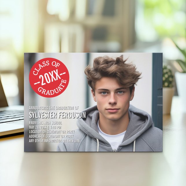 Faire-part Annonce photo de remise de diplômes - Chevrons rou (Modern Graduation Announcement and Party Invitation)