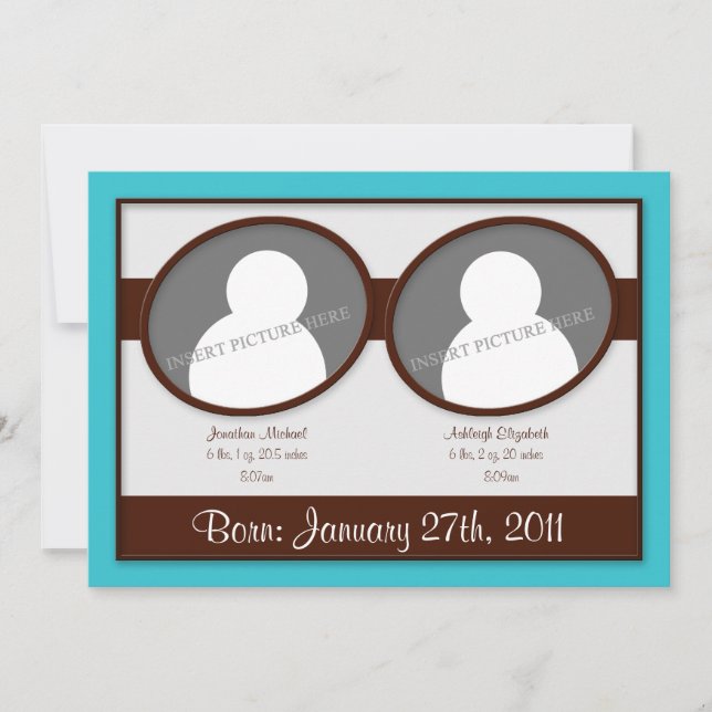 Faire-part Annonces de naissance Brown Cyan Blue Twins (Devant)