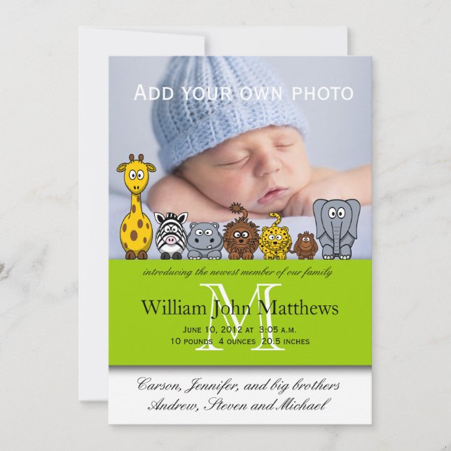 Faire-part Annonces de naissance de bébé garçon Jungle Animau (Devant)