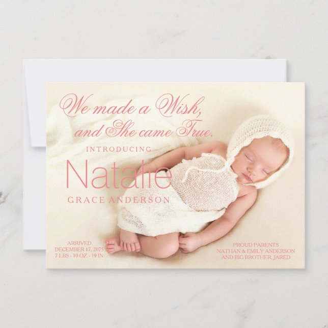 Faire-part Annonces de naissance de fille rose corail (Devant)