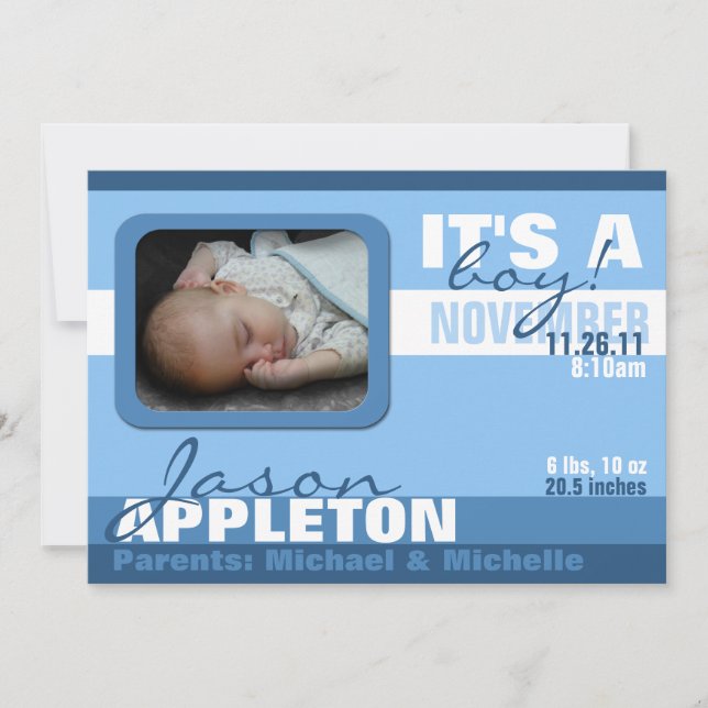 Faire-part Annonces de naissance de garçon bleu tendance mode (Devant)