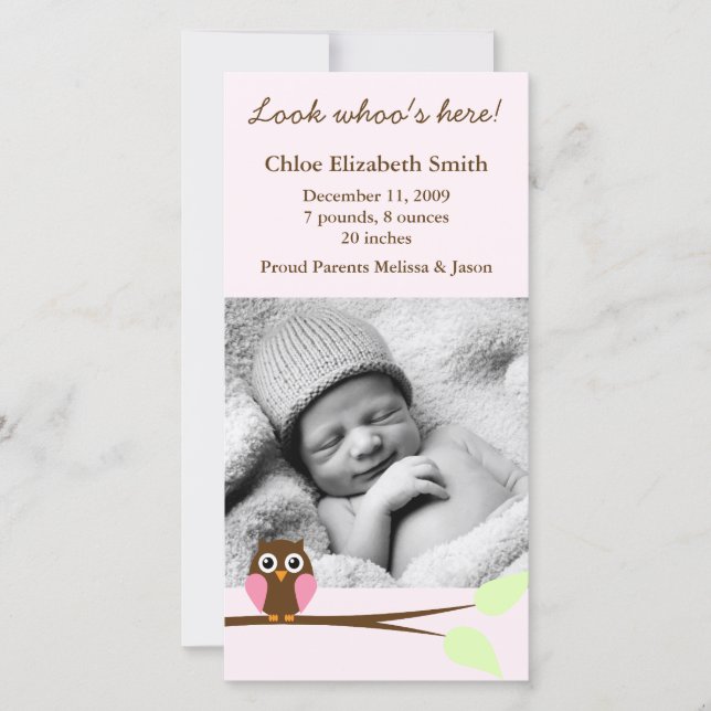 Faire-part Annonces de naissance de la Chouette rose (Devant)