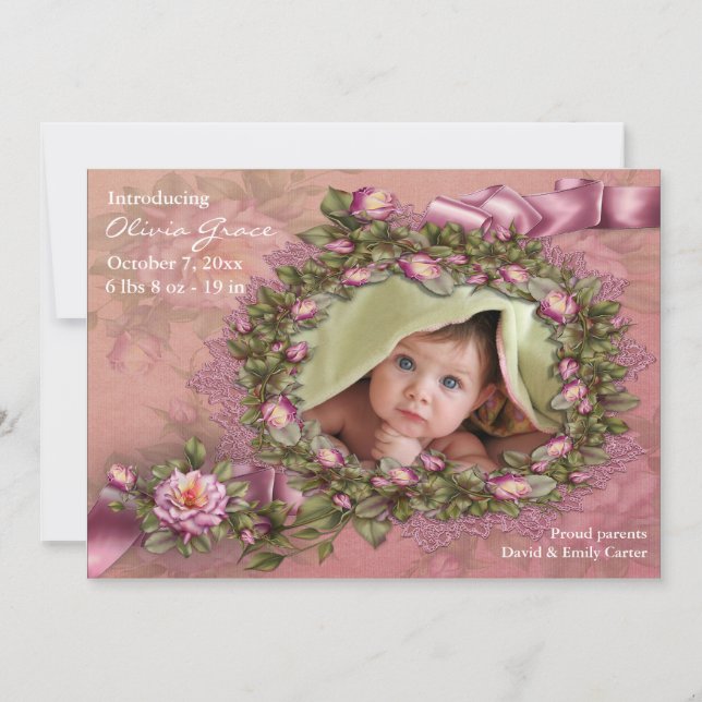 Faire-part Annonces de naissance photo de bébé fille Roses ro (Devant)