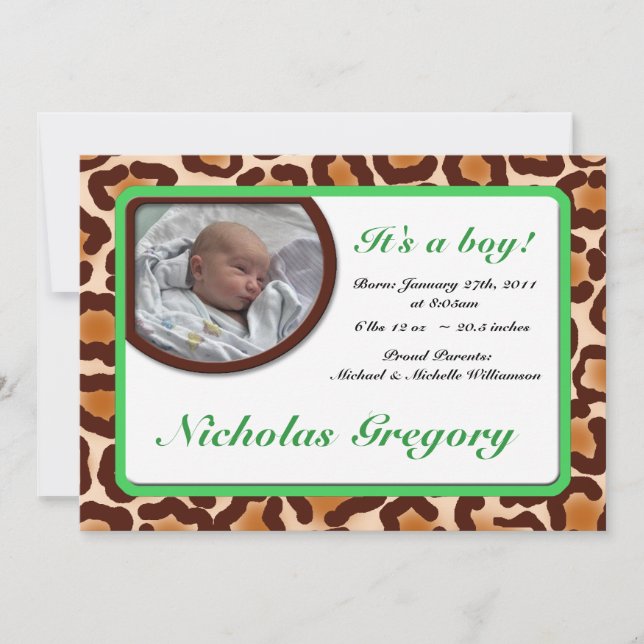 Faire-part Annonces de naissance verte Empreinte de léopard (Devant)