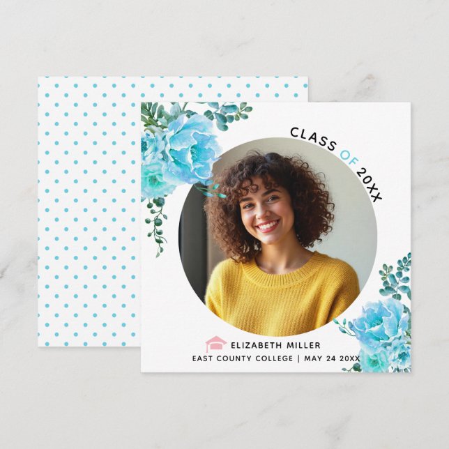 Faire-part Aqua blue flowers Classe de 2025bgraduation photo (Devant / Derrière)
