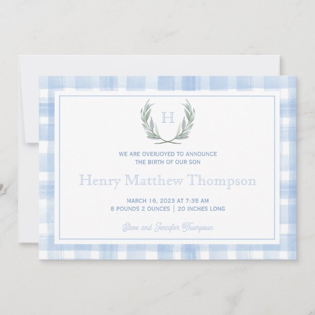 Faire-part Aquarelle Bleu En vichy Laurel Crest (Devant)