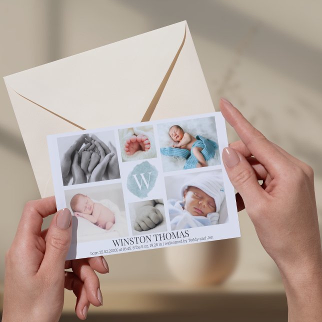 Faire-part Aquarelle bleu Monogramme photo Collage Garçon Nai (Créateur téléchargé)