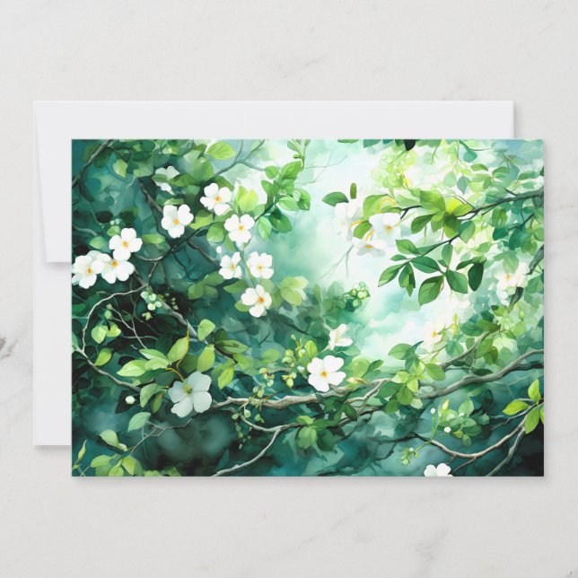 Faire-part Aquarelle botanique Fleurs blanches Feuilles verte (Devant)