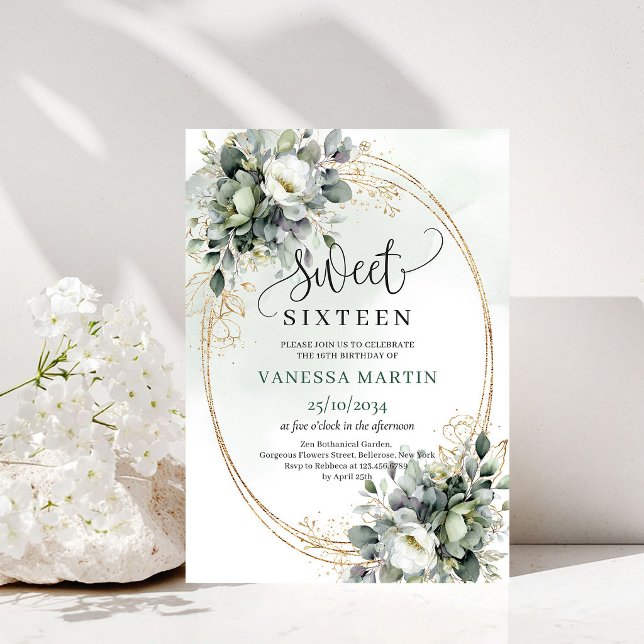 Faire-part aquarelle Eucalyptus Gold Boho Sweet 16 (Eucalyptus Gold Boho Sweet 16 Watercolor Invitation)