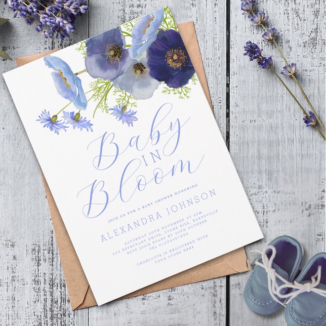 Faire-part aquarelle fleuri bleu Baby In Bloom (Elegant baby in bloom watercolor boho wildflower blue floral boy baby shower)
