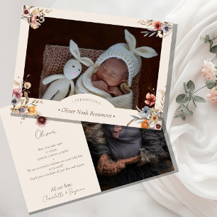 Faire-part Aquarelle Floral Beige Deux photos Naissance