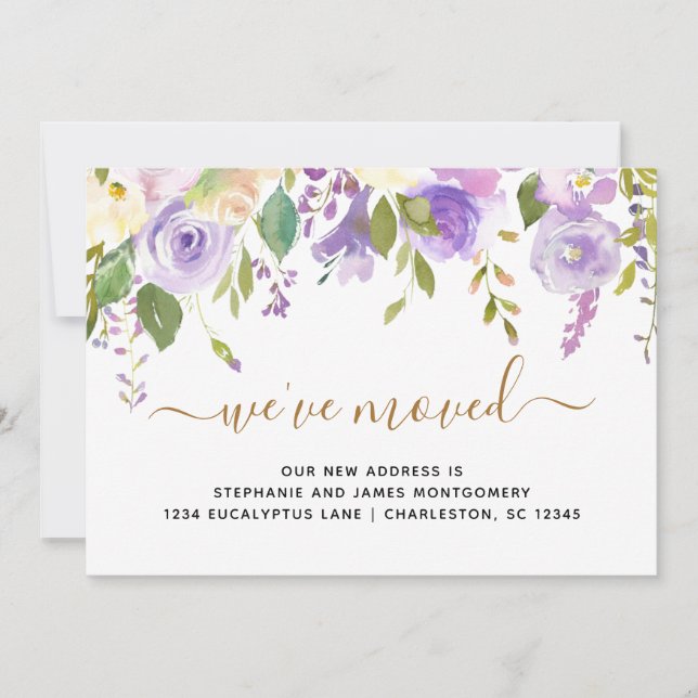 Faire-part Aquarelle Floral Violet Or Mobile (Devant)