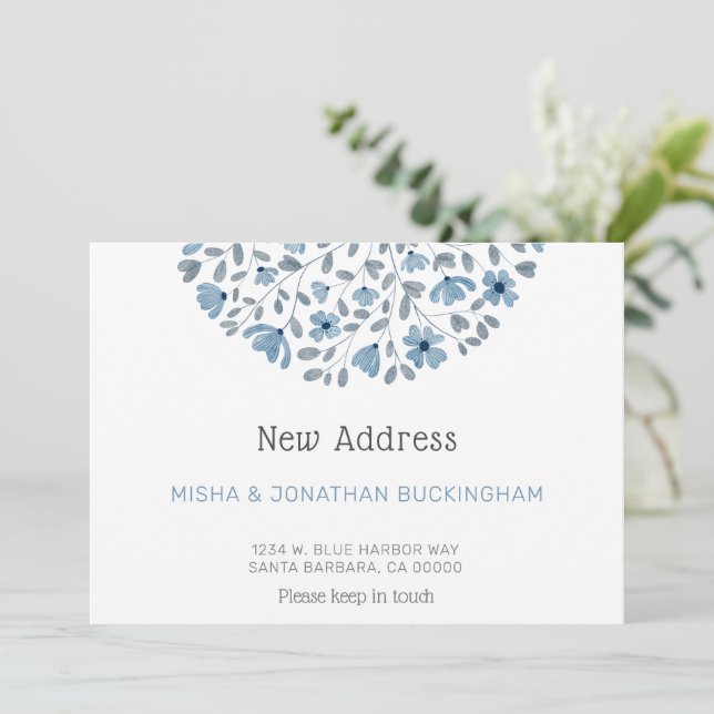 Faire-part Aquarelle florale bleu simple Nouvelle adresse Dép (Debout devant)
