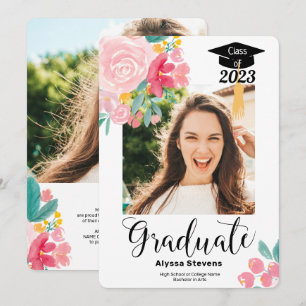 Faire-part Aquarelle florale moderne 2 photos graduation