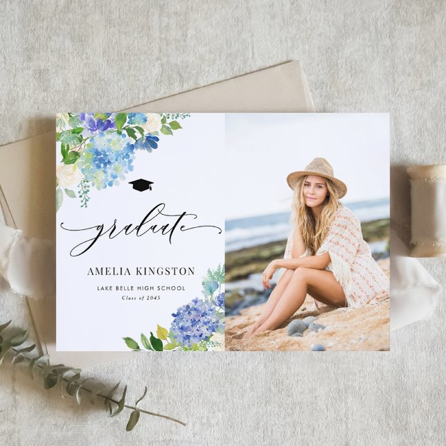 Faire-part Aquarelle Hydrangea Bleu Floral Photo Diplôme (Watercolor Blue Hydrangea Floral Photo Graduation Announcement)