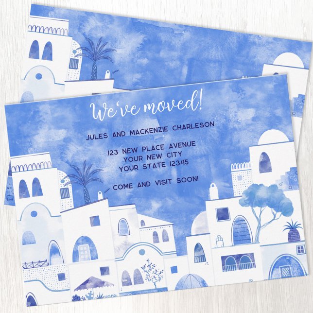 Faire-part Aquarelle Maisons Changement d'adresse (Blue and white watercolor Mediterranean houses and apartements change of address moving announcement)