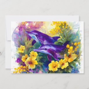 Faire-part Aquarelle Océan Dauphins Fleurs Tropicales