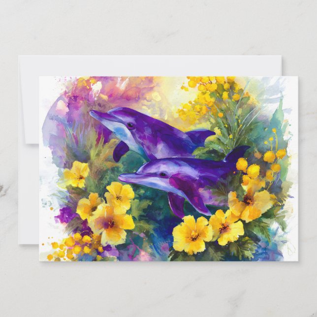 Faire-part Aquarelle Océan Dauphins Fleurs Tropicales (Devant)