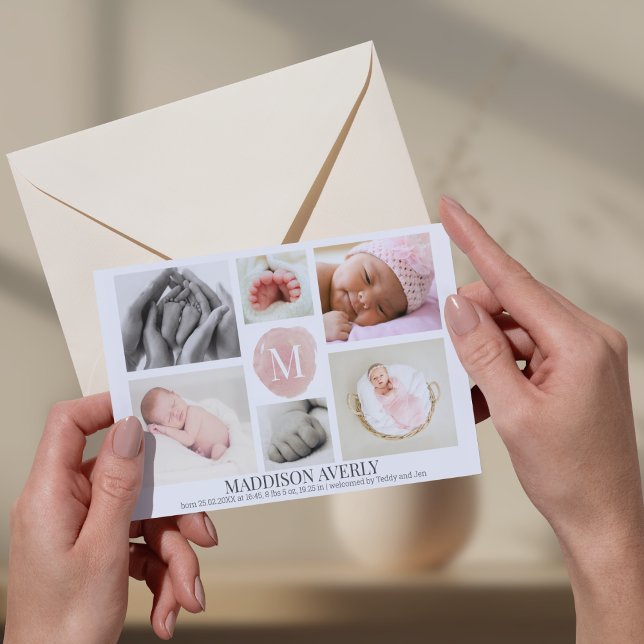 Faire-part Aquarelle rose Monogramme Photo Collage Fille Nais (Créateur téléchargé)