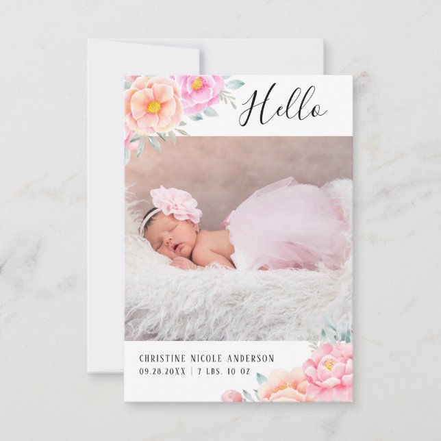 Faire-part Aquarelle Rose rose Floral Baby Girl Photo (Devant)