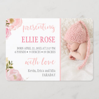 Faire-part Aquarelle Rose rose Photo Annonces de naissance