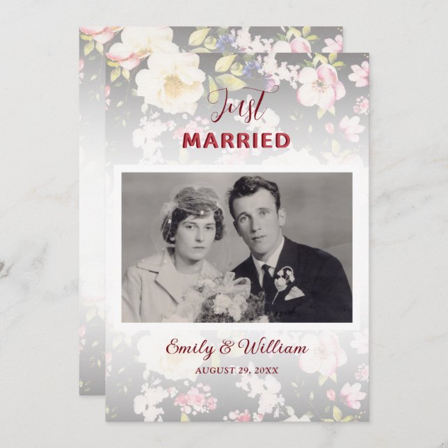 Faire-part Aquarelle rose Roses jaunes, noir flou, Mariage (Devant / Derrière)