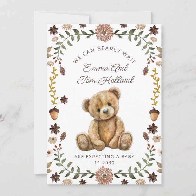 Faire-part Aquarelle Teddy Bear Grossesse Genre Neutre (Devant)
