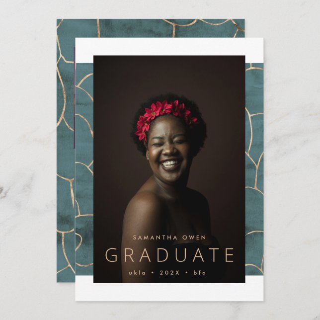 Faire-part Aquarelle turquoise Or moderne huile marbré Grad (Devant / Derrière)