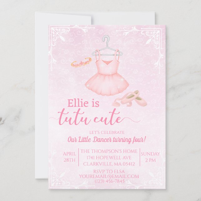 faire-part aquarelle tutu rose ballerine mignon (Devant)