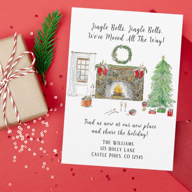 Faire-part Aquarelle Xmas Salon Avec Feu Déplacement (Capture the warmth and festivity of your move with this delightful card.)