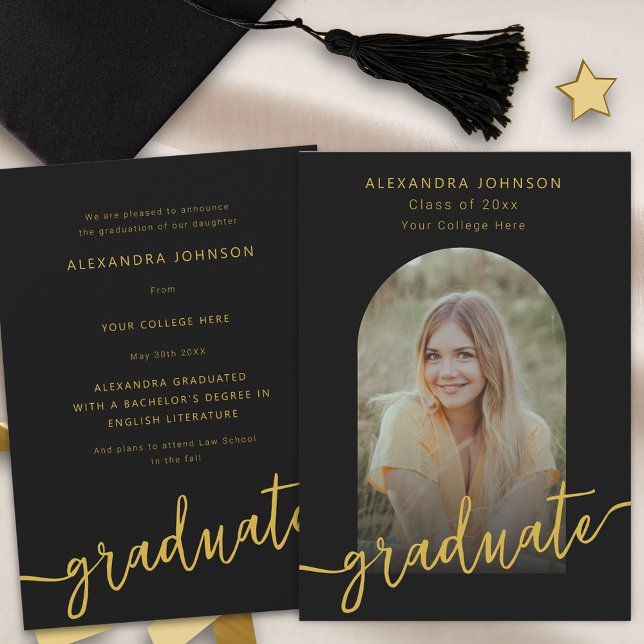 Faire-part Arc d'or moderne Diplôme photo (Modern trendy black and gold script arch photo graduation announcement card )