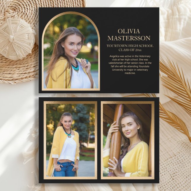 Faire-part Arc d'or Noir moderne Graduation 3-Photo (Modern, elegant black and gold 3-photo graduation announcement card)