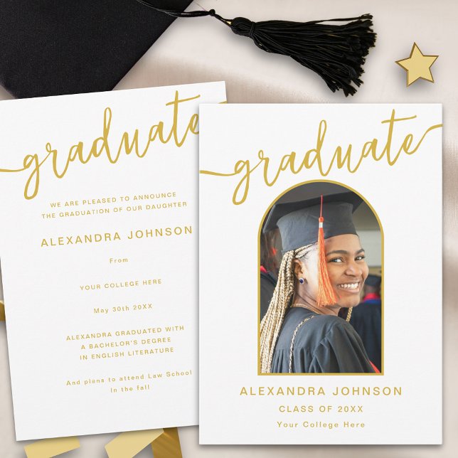 Faire-part Arc moderne tendance photo Graduation (Modern trendy arch photo white and gold script graduation announcement card)