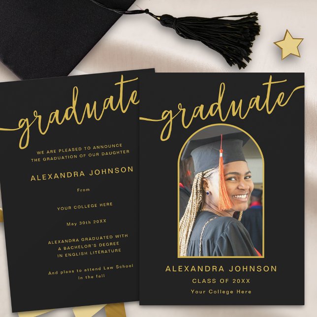 Faire-part Arc moderne tendance photo Graduation (Modern arch photo black and gold script graduation announcement card trendy stylish chic design)