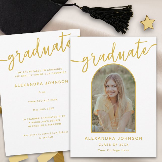 Faire-part Arc moderne tendance photo Graduation (Modern trendy gold script arch photo graduation announcement card)