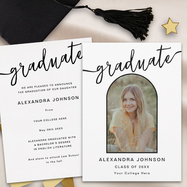 Faire-part Arc moderne tendance photo Graduation (Modern elegant arch photo graduation announcement card stylish chic black script)