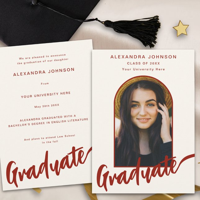 Faire-part Arc photo moderne Burnt Orange Script (Graduate photo arch elegant burnt orange terracotta script fall Graduation announcement card)