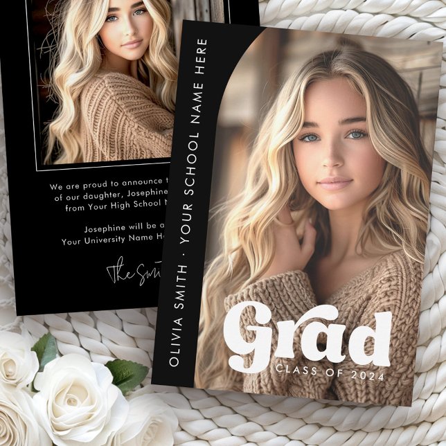 Faire-part Arc photo noir retro grade graduation (Arch photo black retro grad graduation announcement)