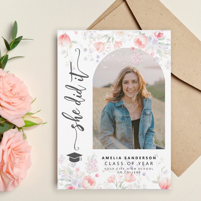Faire-part arche de fleurs sauvages boho photo graduation  (Créateur téléchargé)