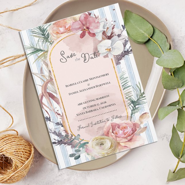 Faire-part Arche de mariage à l'orchidée tropicale, Save the  (Tropical Orchid Arch Save the Date | Blush Floral Beach Wedding Announcement)