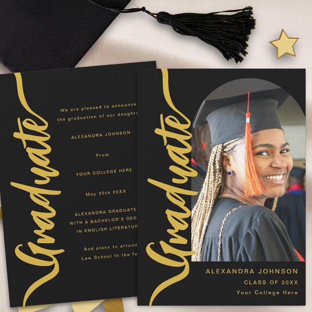Faire-part Arche de photo moderne noir Gold Script (Modern arch photo graduation announcement card black with gold script)