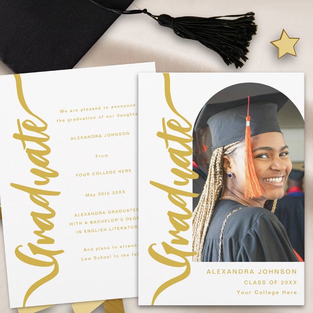 Faire-part Archive de photos de diplômés modernes (Elegant arch photo gold script graduation announcement card Modern stylish chic)
